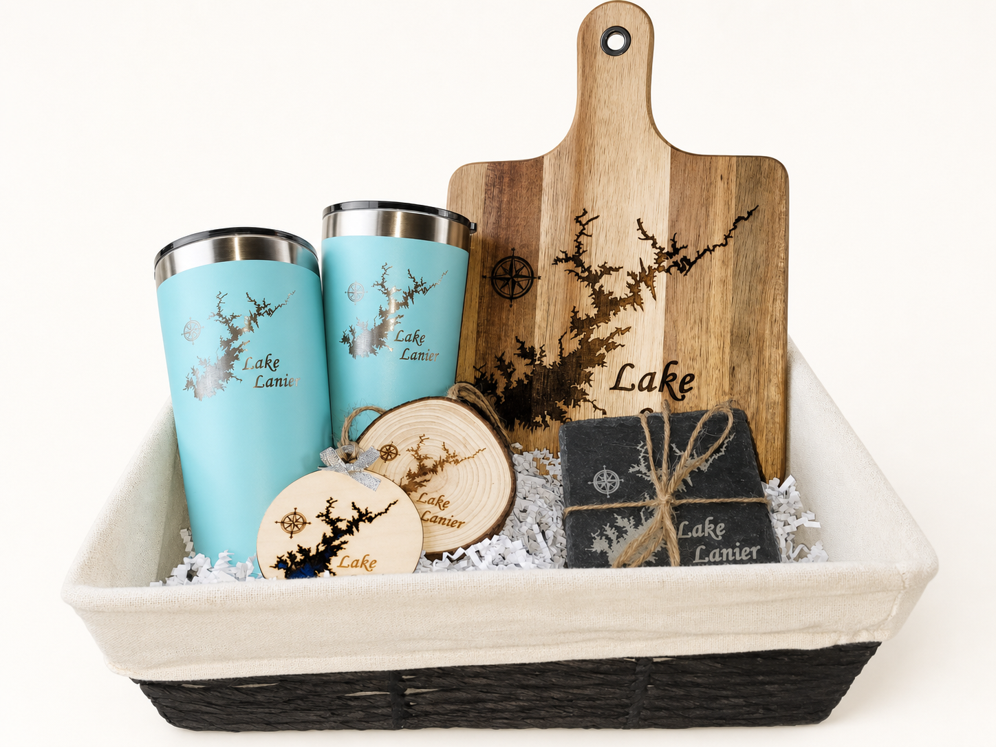 Custom Lake Lanier engraved gift basket created by AM Designs